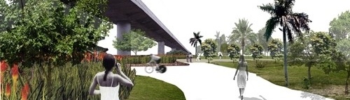 Vista da pista elevada e continuidade do parque<br />Imagem do autor do projeto 