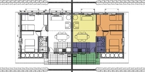 Planta baixa da unidade residencial – amarelo: estar; laranja: dormitórios; azul: área molhada; verde: área aberta<br />Imagem do autor do projeto 