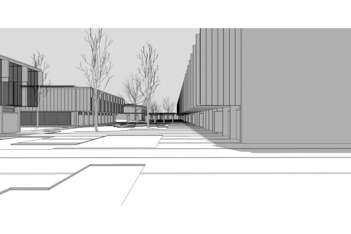 Saint Catherine’s College, vista dos pátios secundários em direção ao norte, com as cercas vivas, Oxford, Inglaterra, 1959-1964, arquiteto Arne Jacobsen<br />Modelo tridimensional de Edson Mahfuz e Ana Karina Christ 