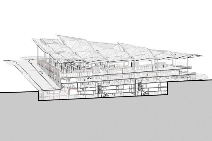 Mercat Encants, perspectiva cortada, Barcelona. Arquiteto Fermín Vázques / b720 Fermín Vázquez Arquitectos<br />Imagem divulgação 