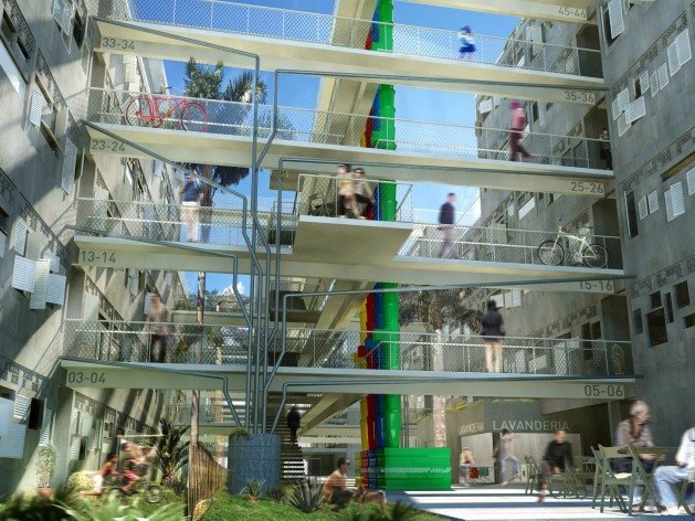 Corredor central do condomínio. Concurso Habitação para Todos. CDHU. Edifícios de 6/7 pavimentos - 2º Lugar. <br />Autores do projeto  [equipe premiada]