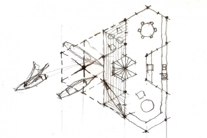 Casa do Lucas, planta do 1o andar com varanda, jantar, cozinha, estar, beira de lago genérico, arquiteto Marcos Acayaba