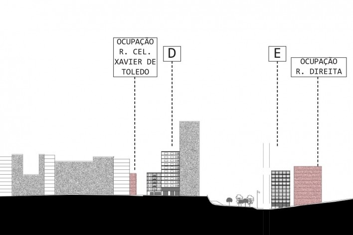 Projeto "À margem", corte passando pelos edifícios da proposta (continuação). Camila Ghendov, Mariana Simões da Costa e Vinicius Nakama, FAU Mackenzie<br />1º lugar 