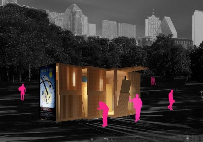 Projeto de quiosque para parques públicos de São Paulo, vista noturna, Beni Goltsman Barzellai, Guilherme de Barcellos Lozinsky, Mariana Magalhães Costa e Patricia Tinoco. 1º. prêmio categoria estudantes, 2009.