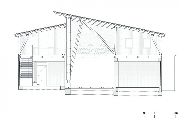 Centro Cultural Chamanga, corte, San José de Chamanga, Esmeraldas, Ecuador, 2018. Atarraya Taller de Arquitectura, Opción Más Chamanga, Universidad de Ciencias Aplicadas de Munich, Universidad Estatal de Portland y Universidad de Tokio<br />Imagen divulgación  [Atarraya Taller de Arquitectura]