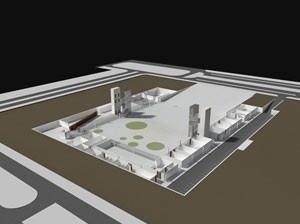Vista da praça cívica, interação e laboratórios<br />Imagem dos autores do projeto 