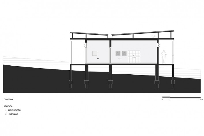 Casa do Mel, corte BB, Canaã dos Carajás PA, 2018. Arquitetos Christian Naoyuki Teshirogi e Noelia Monteiro de Ribeiro / Estúdio Flume<br />Imagem divulgação  [Estúdio Flume]