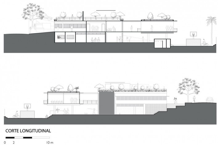 Escola Projeto Viver, cortes longitudinais, São Paulo, Fernando Forte, Lourenço Gimenes e Rodrigo Marcondes Ferraz / FGMF<br />Desenho FGMF 