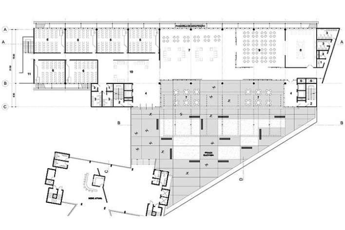 Centro de Referência em Empreendedorismo do Sebrae-MG, planta primeiro pavimento, 2º lugar. Arquiteto Francisco Spadoni, 2008<br />Desenho escritório 