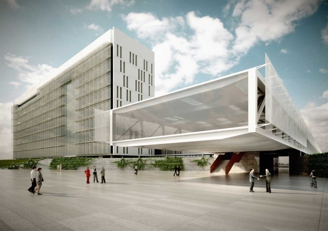 Concurso Sistema Fecomércio‐RS, perspectiva frontal do Centro de Convivência e Centro Administrativo. V.A. Arquitetura / Emerson Vidigal, 1º lugar, 2011