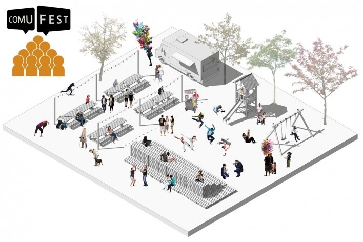Plano de humanização para cidades, evento "ComuFest" organizado a partir do aplicativo. Thais Coelho, Thais Shiozawa de Micheli e Victoria Braga