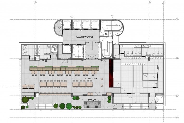 Sesc Avenida Paulista, planta 14º pavimento - comedoria, escritório Königsberger Vannucchi, 2018<br />Imagem divulgação  [Königsberger Vannucchi Arquitetos Associados]