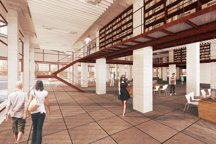 Concurso Anexo da Biblioteca Nacional, perspectiva, Rio de Janeiro, 2º lugar, arquitetos Eduardo de Almeida, Helena Ayoub, Cesar Shundi Iwamizu<br />Imagem divulgação 