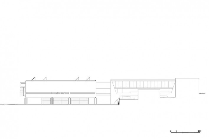 Museu Nacional dos Coches, elevação do pavilhão principal e do anexo, Lisboa. Arquiteto Paulo Mendes da Rocha, MMBB arquitetos e Bak Gordon arquitetos<br />Imagem divulgação 