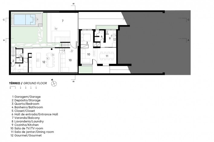 Casa Floresta, planta pavimento térreo, Belo Horizonte MG Brasil, 2021. Arquitetos Zargos Rodrigues, Rodrigo Pereira, Frederico Rodrigues, Carla Deltreggia, Ika Okamoto, Letícia Armond, Nathalia Melo e Laís Parreiras (autores) / Estúdio Zargos<br />Imagem divulgação  [Estúdio Zargos]