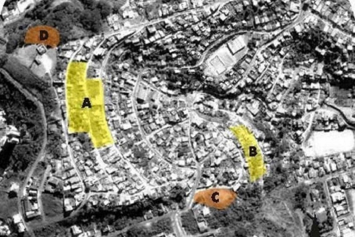 Mapa de locação das áreas de intervenção a partir de uma imagem do Google Earth<br />Imagem dos autores 