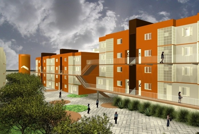 Perspectiva. Concurso Habitação para Todos. CDHU. Edifícios de 4 pavimentos - Menção honrosa.<br />Autores do projeto  [equipe premiada]