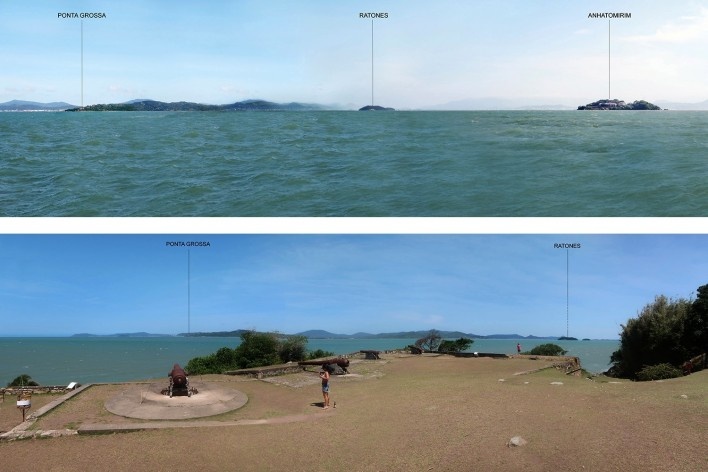 Relação entre as fortalezas de Anhatomirim, Ponta Grossa e Ratones<br />Fotos Victor Hugo Mori 