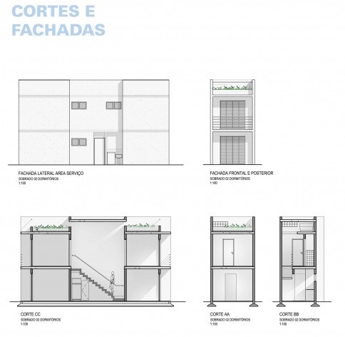 Cortes e elevações. Concurso Habitação para Todos,CDHU.Sobrados - 2º Lugar.<br />Autores do projeto 