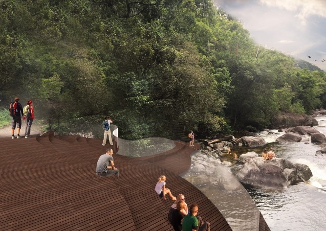 Parque Nacional de Itatiaia, maquete eletrônica do Lago Azul (ponte lago azul / estrutura metálica), Rio de Janeiro Brasil / Minas Gerais Brasil, 2017. Arquitetos Pedro Paes Lira, Manoela Machado, Camila Sanches, Giulia Corsi / Natureza Urbana<br />Imagem divulgação  [Acervo Natureza Urbana]