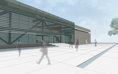 Perspectiva externa - praça e acesso principal<br />Desenho do escritório 