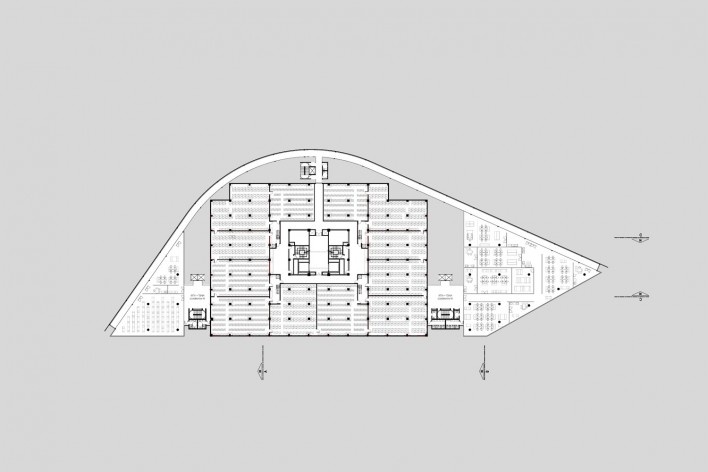 Concurso Anexo da Biblioteca Nacional, planta pavimento 3, Rio de Janeiro, 2º lugar, arquitetos Eduardo de Almeida, Helena Ayoub, Cesar Shundi Iwamizu<br />Imagem divulgação 