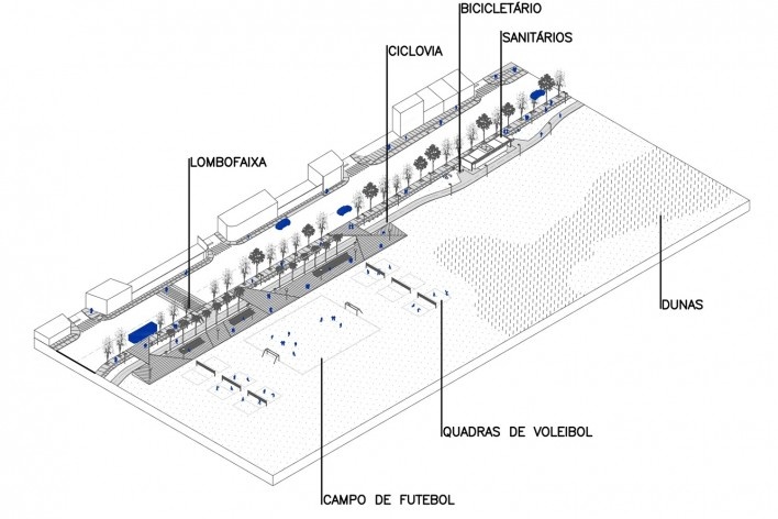 Requalificação urbana e ambiental da orla de Ilha Comprida, Mediador D, sanitários, perspectiva isométrica 02, 2019. Arquitetos Marcos Boldarini e Lucas Nobre<br />Imagem divulgação 