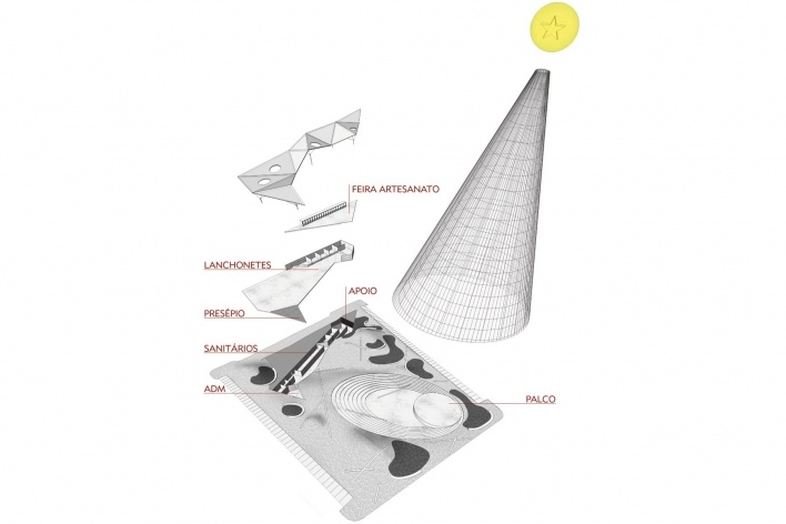 Praça do Natal, Natal RN Brasil, diagrama praça explodida, 2° lugar Concurso Público de Arquitetura. Estúdio América, 2009<br />Desenho escritório 