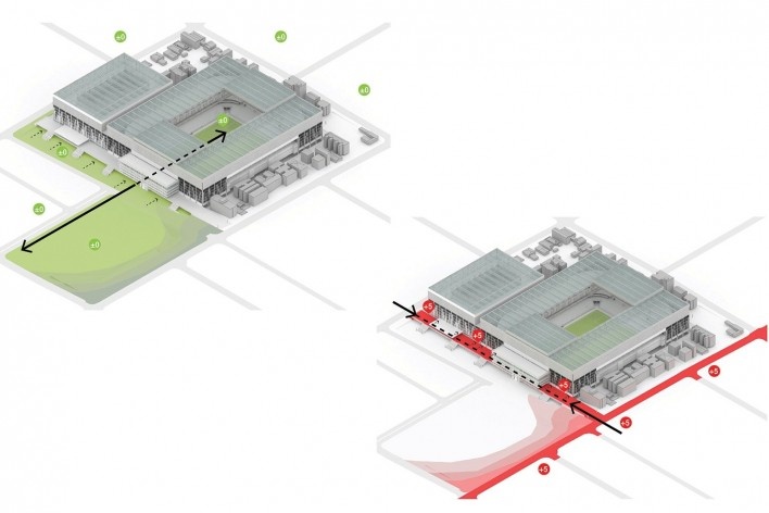 Complexo Esportivo e Cultural Clube Atlético Paranaense, níveis de acesso, Curitiba. Arquiteto Carlos Arcos<br />Imagem divulgação 