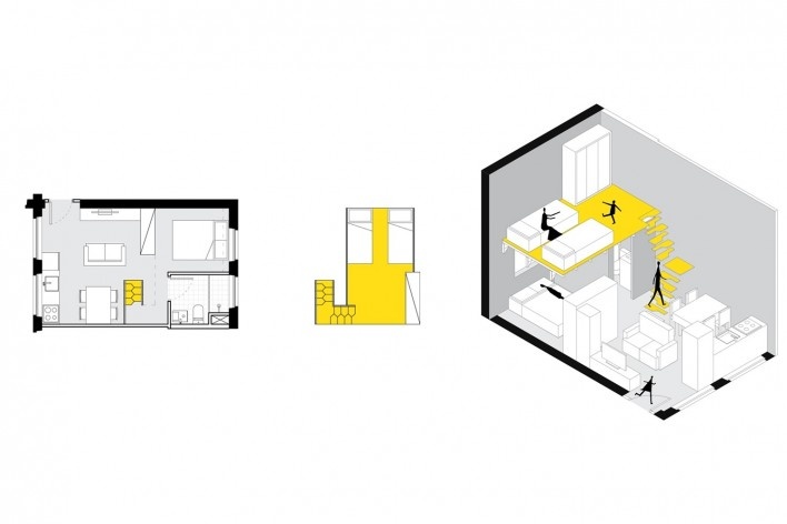 Reabilitação de edifício para habitação popular, tipologia de unidade habitacional.Debora Jun Portugheis, Gabriela Xavier, Gustavo Ramos e Mariana Souto, FAU USP<br />3º lugar 