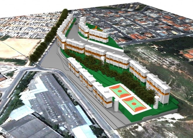 Perspectiva – Implantação em Taboão da Serra. Concurso Habitação para Todos. CDHU. Edifícios de 4 pavimentos - Menção honrosa.<br />Autores do projeto  [equipe premiada]