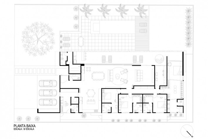 Residência FJR, planta térreo, Marília SP Brasil, 2018. Arquitetos Alfredo Ramos e Silvia Siscar/ Trí Arquitetura<br />Imagem divulgação  [Trí Arquitetura]