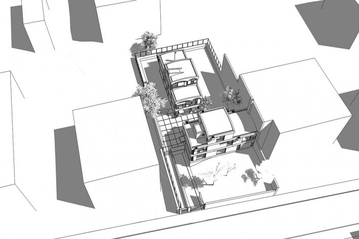Casas Jaoul, vista aérea, Neully-sur-Seine, Paris, França, 1951-56. Arquiteto Le Corbusier<br />Modelo tridimensional Lucas Kirchner / Imagem Edson Mahfuz 