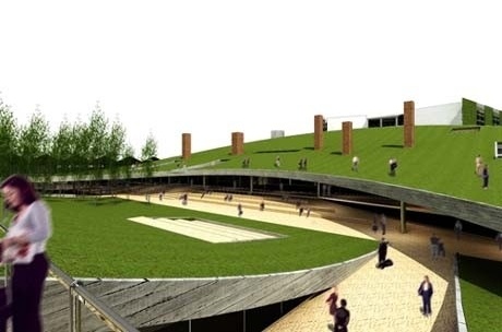 Vista do Pátio gramado sobre Praça de Alimentação<br />Imagem dos autores do projeto 