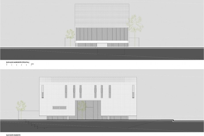 Residência KS, elevação noroeste [frontal] e elevação sudeste, Natal RN, 2016. Arquitetos Alexandre Brasil, Paula Zasnicoff e Raquel Araújo<br />Imagem divulgação 