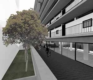 Perspectiva do passeio interno à quadra. Ligação entre o Viaduto Dona Paulina e a Rua da Assembleia<br />Imagem dos autores do projeto 
