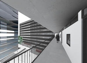 Perspectiva da varanda de acesso aos apartamentos<br />Imagem dos autores do projeto 