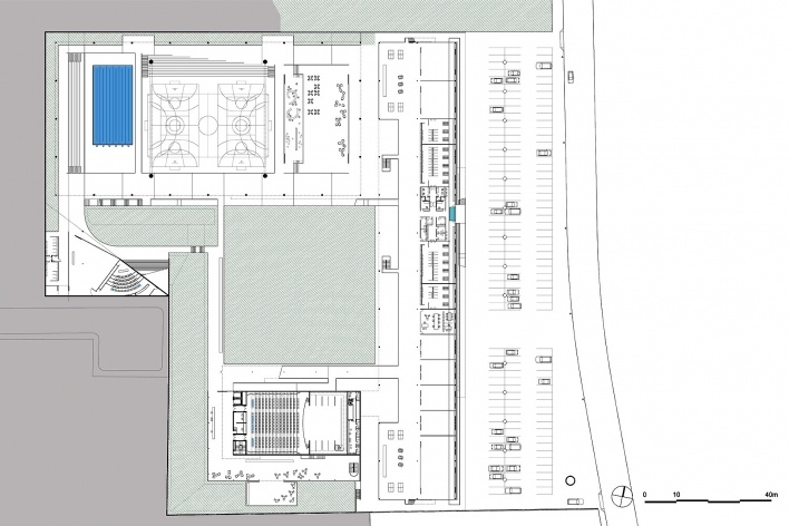 Concurso de Propostas Arquitetônicas para o futuro SESC Guarulhos, 6º lugar, planta nível intermediário. Escritório MMBB Arquitetos<br />Desenho divulgação 