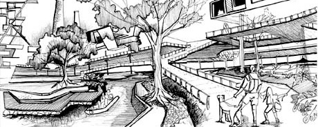 Espaços de circulação e áreas verdes<br />Imagem dos autores do projeto 