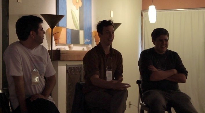 André Costa, Marcelo Grabowsky (diretor do filme) e Reinaldo Cardenuto em debate após a projeção do documentário “Testemunha 4”, Move Cine Arte 2012, Monte Verde<br />Foto Helena Guerra 