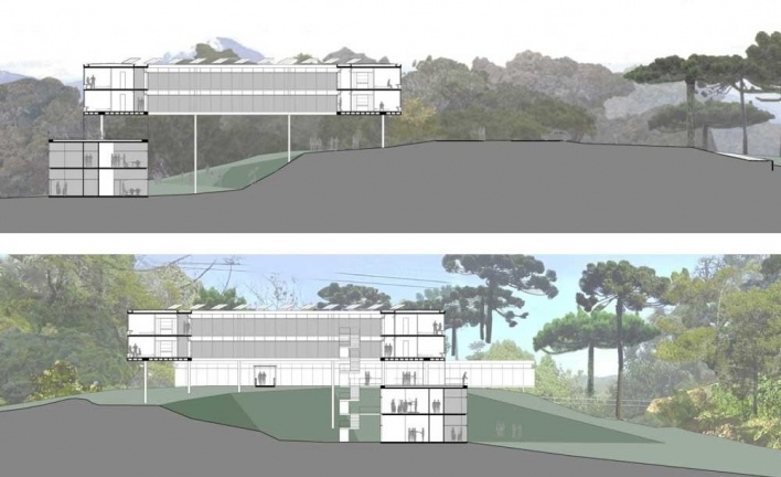 Alojamento em Campos do Jordão, cortes longitudinal e transversal, Campos do Jordão. MMBB Arquitetos, 2009<br />Desenho escritório 