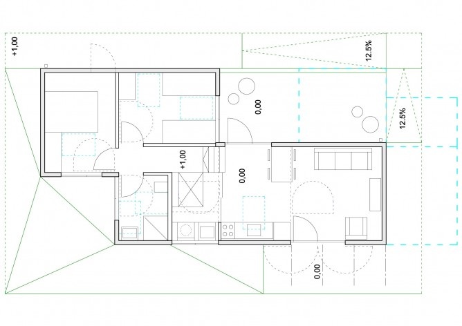 Casa tipo A. Planta baixa. Concurso Habitação para Todos. CDHU. Casas escalonadas - 2º Lugar.<br />Autores do projeto  [equipe premiada]