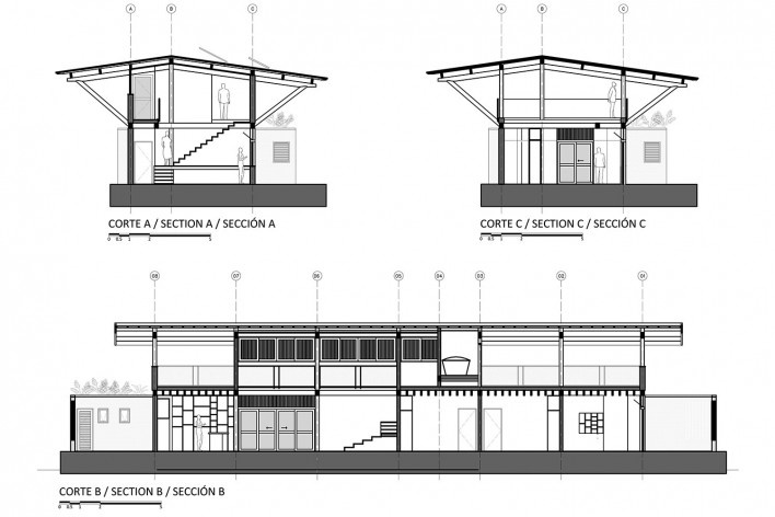 Casa do Cerrado (Prata e Lopez), cortes aa, bb e cc, Barretos SP Brasil, 2019. Arquitetos Aline Coelho Sanches e Lucas Corato / Aline Coelho Sanches + Corato Arquitetura & Design<br />Imagem divulgação  [Aline Coelho Sanches + Corato Arquitetura & Design]