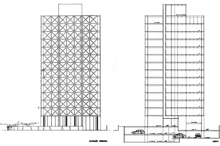 Edifício Acal, São Paulo SP, 1974. Arquitetos Pedro Paulo de Melo Saraiva, Sergio Ficher e Henrique Cambiaghi Filho<br />Desenho antigo  [Pedro Paulo de Melo Saraiva Arquitetos Associados]