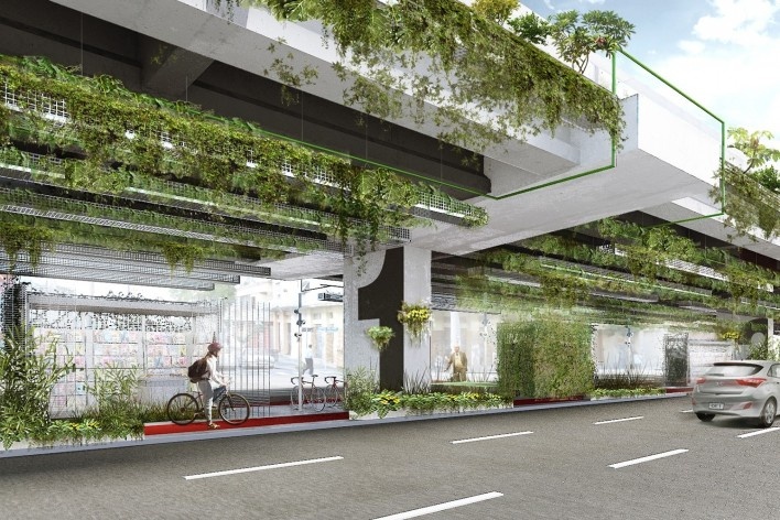 A marquise do Minhocão, perspectiva da parte inferior, São Paulo, 2016. Triptyque Architecture + Guil Blanche<br />Imagem divulgação 