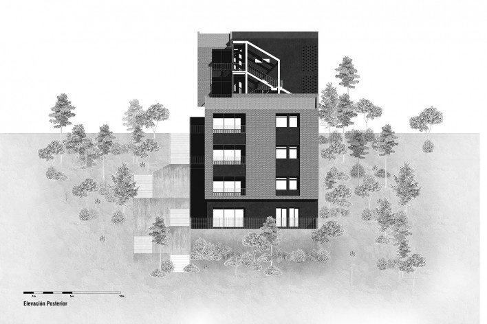 Edifício Goya, fachada posterior, San Cayetano, Loja, Equador, 2021. Arquitetos Tatiane Corsi Garcia, David Arias Polo e Daniel Arias Polo (autores) / Bearq<br />Imagem divulgação/ disclosure image/ imagén divulgación  [Bearq]