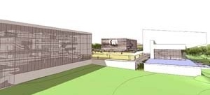Perspectiva dos blocos Teatro/Biblioteca, Prefeitura e Câmara/Fórum<br />Imagem dos autores do projeto 