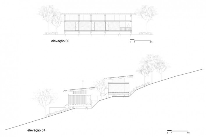 Casa em Gonçalves, elevações 02 e 04, Gonçalves MG Brasil, 2012-2013. Arquiteto André Vainer / André Vainer Arquitetos<br />Imagem divulgação  [Acervo André Vainer Arquitetos]