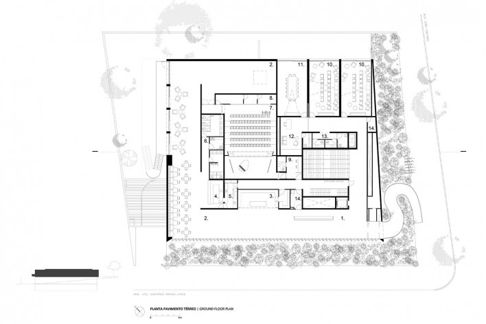 Instituto Ling, lower floor plan, Porto Alegre RS Brasil, 2014. Architect Isay Weinfeld (author)<br />Imagem divulgação / disclosure image  [Isay Weinfeld]