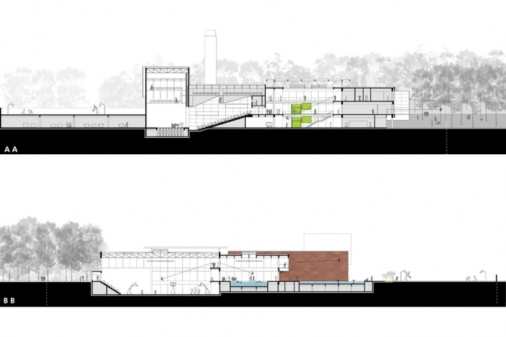 Concurso de Propostas Arquitetônicas para o futuro SESC Guarulhos, 1º lugar, cortes AA e BB. Arquitetos Renato Dal Pian e Lilian Dal Pian<br />Desenhos do escritório 